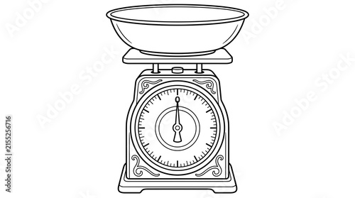 Vintage kitchen scale with a large bowl on top, line art illustration, isolated on white background