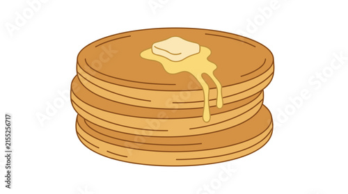 Stack of three golden brown pancakes with melting butter and syrup dripping, flat design illustration isolated on white