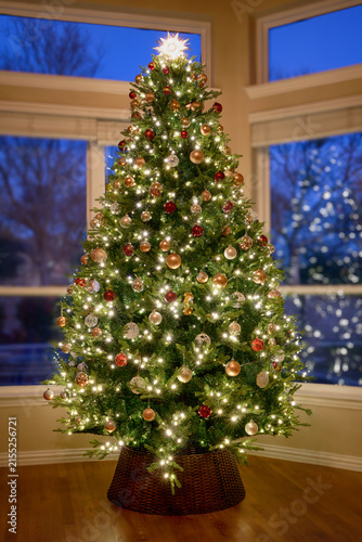 Beautiful Christmas tree decorated and lit up for the holidays