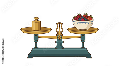 Vintage kitchen scale with weight on one side and bowl of berries on the other, flat design illustration