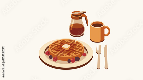 Warm isometric illustration of a waffle breakfast with berries, syrup, and coffee, flat design style