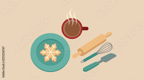 Warm winter breakfast with snowflake cookie, hot drink, rolling pin, whisk, and spatula on a plain background