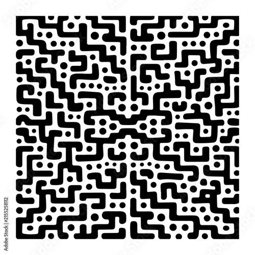 Black and white maze pattern with repeating geometric shapes and dots
