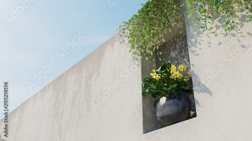 Canvas Print A high-angle 3D rendering of a modern architectural white wall with a recessed niche holding a potted plant with bright yellow flowers
