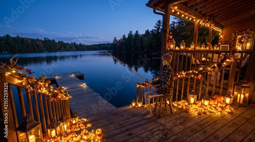 Cozy lakeside cabin porch at twilight with warm string lights and lanterns, rustic wooden deck overlooking a calm lake at dusk, peaceful autumn evening retreat with glowing lights