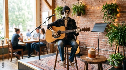 Skeleton musician playing acoustic guitar in a rustic cafe, spooky halloween character performing live music on stage, whimsical undead guitarist in a cozy brick coffee shop