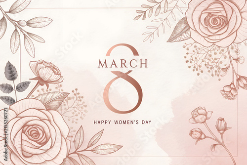 International womens day greeting card with rose illustration, greeting