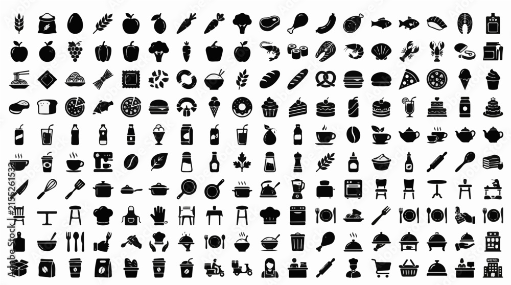 Fototapeta premium 200 Solid Food and Culinary Icons for Restaurant Kitchen Cooking Dining and Food Service Vector Collection