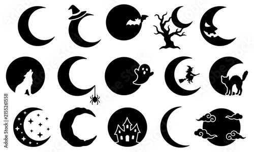 Black and white moon phases and nature icons set