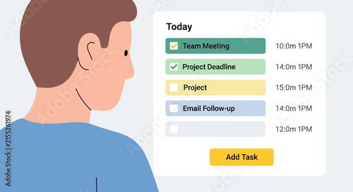 Woman in blue shirt using smartphone with calendar app open.