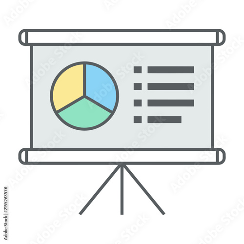 Presentation screen with pie chart and lines on white background simple graphic