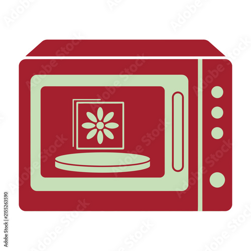 Microwave oven with flower on turntable inside red kitchen appliance