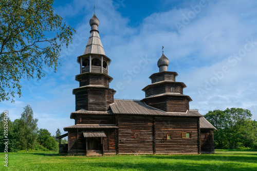 St. Nicholas Church from the village  of Vysoky Ostrov in Okoolovka district in the Vitoslavlitsy open-air museum of wooden architecture on a sunny summer day, Veliky Novgorod, Russia