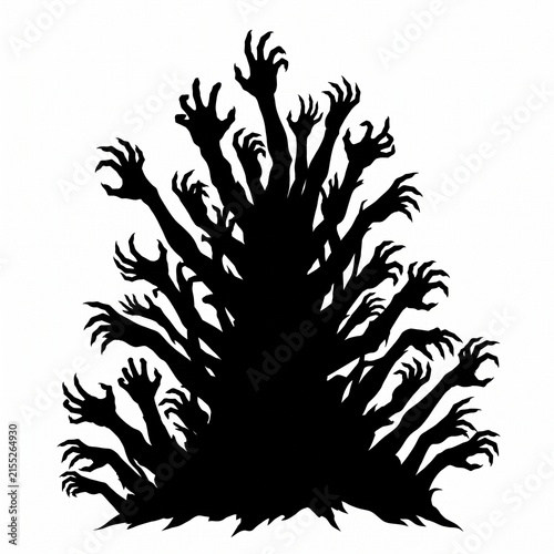 Scary silhouette of many reaching hands, vector isolated on white