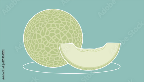 Fresh juicy cantaloupe melon with a clean slice next to it on a simple plate against a soft teal background.