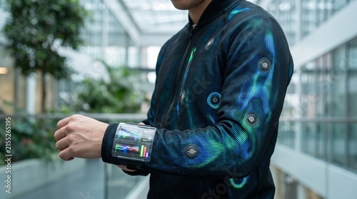 Man wearing futuristic jacket with glowing arm cuff and smart watch.