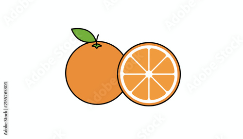 Whole orange with a green leaf sitting next to a freshly cut orange half isolated on a solid white background.