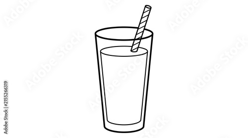 Bild auf Leinwand Tall glass of milk with striped straw, simple line art illustration on white bac