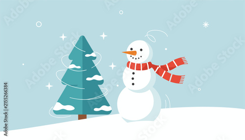 Happy snowman with a red striped scarf standing next to a snow covered pine tree under a light wind.
