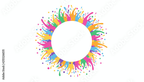 Vibrant circular frame made of colorful paint splatters and drops of pink, yellow, blue, and green on white.