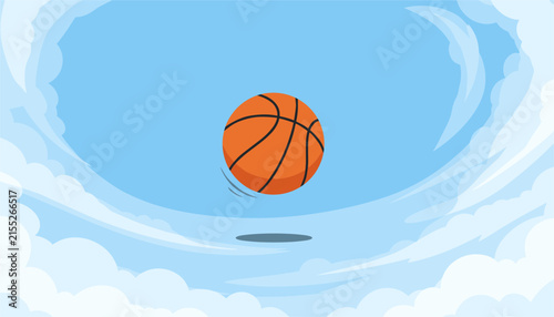 Basketball bouncing mid-air framed by a swirling vortex of white clouds against a bright blue sky background.