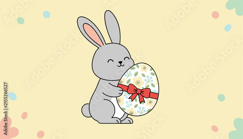 Cute gray Easter bunny cuddling a beautiful floral decorated Easter egg tied with a bright red bow ribbon.