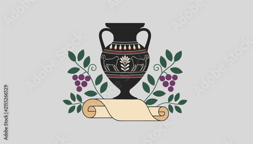 Ornate black Greek amphora vase decorated with figures, grapes, and leaf scrolls, sitting above a blank scroll.