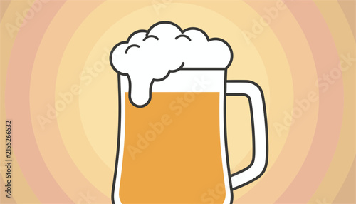 Large glass mug overflowing with golden beer and rich white foam against a warm retro sunburst background.
