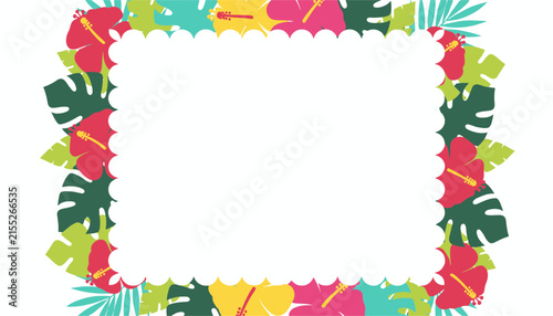 Summer frame with a scalloped rectangular border surrounded by pink hibiscus flowers and lush tropical leaves.