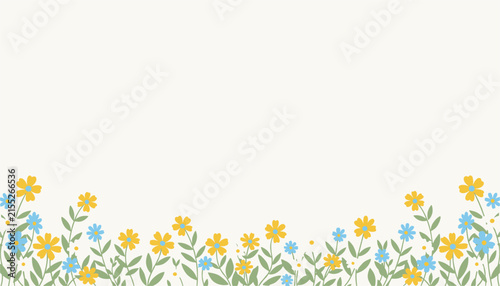 Delicate wildflower border of small yellow and blue blossoms growing along the bottom of a cream background.