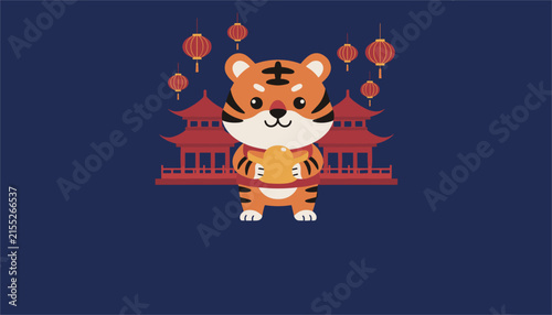 Cute cartoon tiger holding a gold ingot standing in front of a red Chinese pagoda with glowing red lanterns.