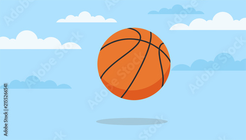 Basketball floating in a clear blue sky with soft white clouds, casting a light shadow directly underneath it.