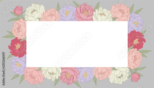 Ornate horizontal rectangular border frame beautifully decorated with soft pink, white, and purple peonies.