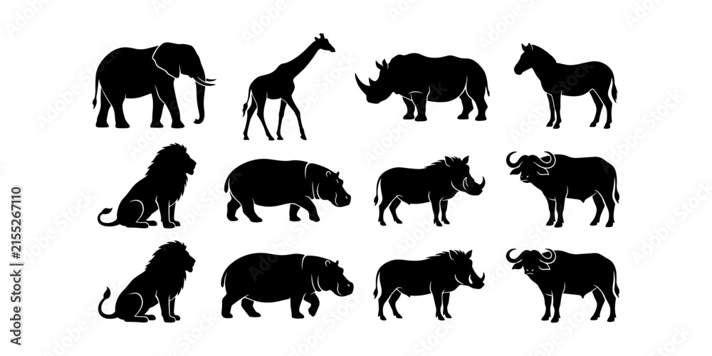 Obraz premium Wild African Animals Silhouette Collection Featuring Elephant Giraffe Rhino Horse Lion Hippo Warthog and Buffalo