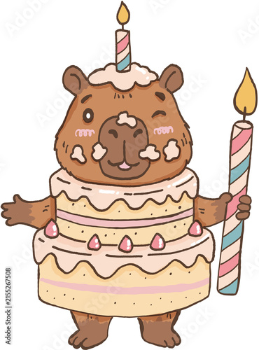 Photography Cute capybara wearing cake costume with candle on head and holding candle, celeb
