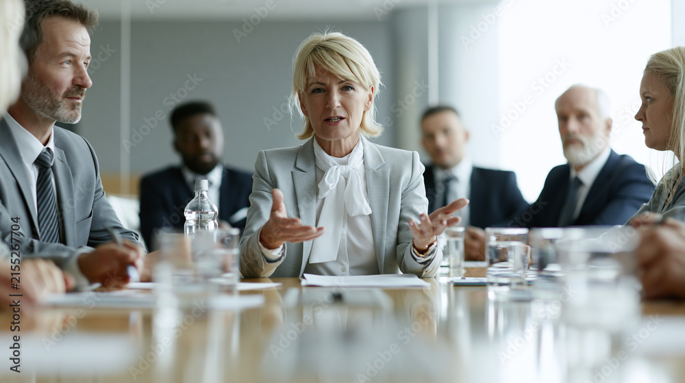 Fototapeta premium A diverse group of business professionals engaged in a lively discussion around a conference table. A confident female leader takes the center stage, actively gesturing as she speaks.