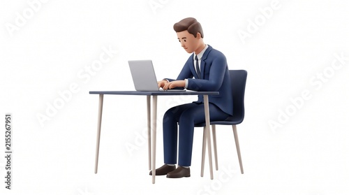 Businessman working on laptop at desk in office.