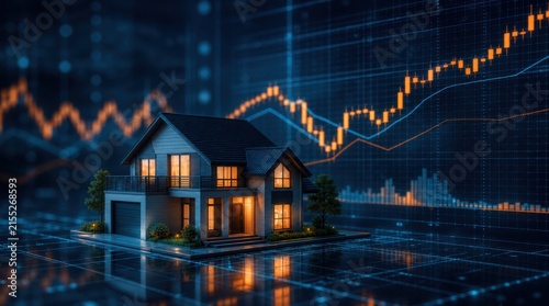A miniature house model with illuminated windows sits on a reflective surface against a backdrop of rising financial charts and graphs.