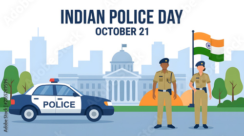 Indian Police Day commemoration illustration with officers and national flag on October 21.