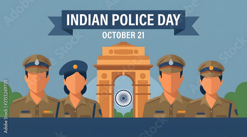Indian Police Commemoration Day illustration with officers and India Gate monument.