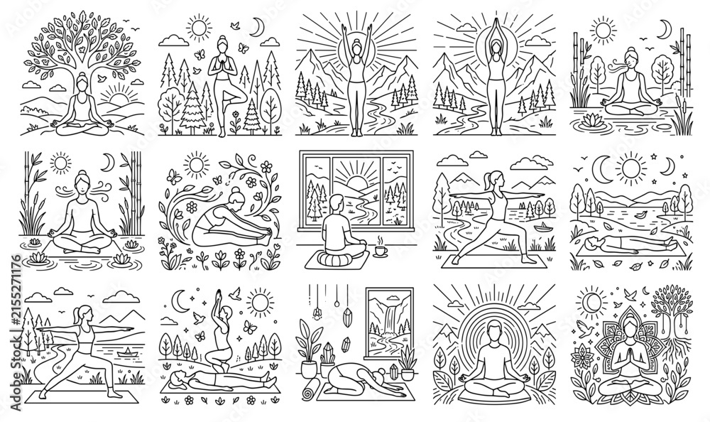 Fototapeta premium Yoga and Meditation Line Art Emblem Set Featuring Mystical Spiritual Practices Outdoor Mindfulness Rituals Celestial Moon Sun and Wellness Lifestyle Vector Graphics