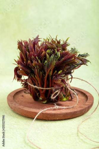 Bundle of Fresh Red Sprouts Tied on Wooden Board