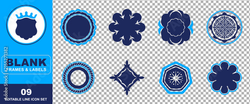 A collection of nine decorative blank frames and labels in blue and white colors for professional graphic design and creative branding project use