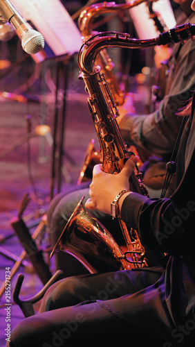 Cuadro en lienzo Closeup of musician playing saxophone during live performance