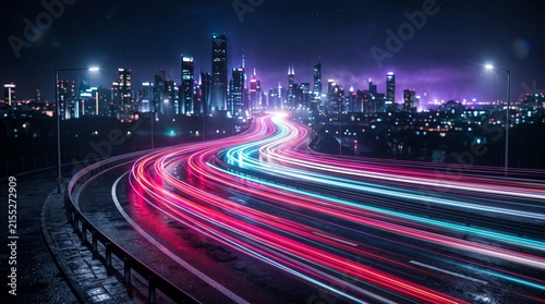 Cityscape at Night with Light Trails: A vibrant urban landscape unfolds at night.