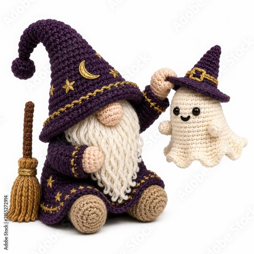 Whimsical Crochet Wizard with Cute Ghost Doll and Broomstick