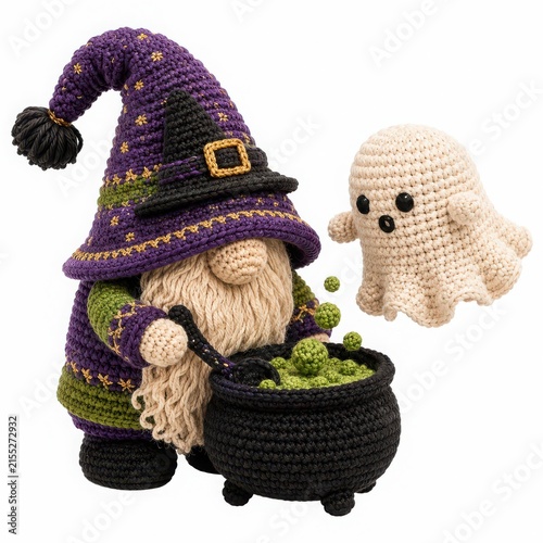 Cute Crochet Wizard with Cauldron and Friendly Ghost Character