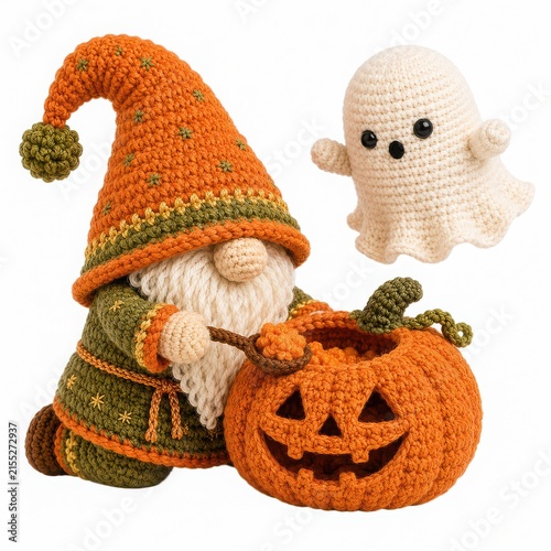 Cute Crochet Gnome and Pumpkin with Ghost for Halloween Decor