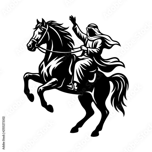 Arabian horseman riding a rearing stallion in traditional clothing as a bold black and white vector silhouette