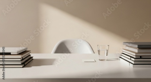 Minimalist workplace interior with white desk books and water glass